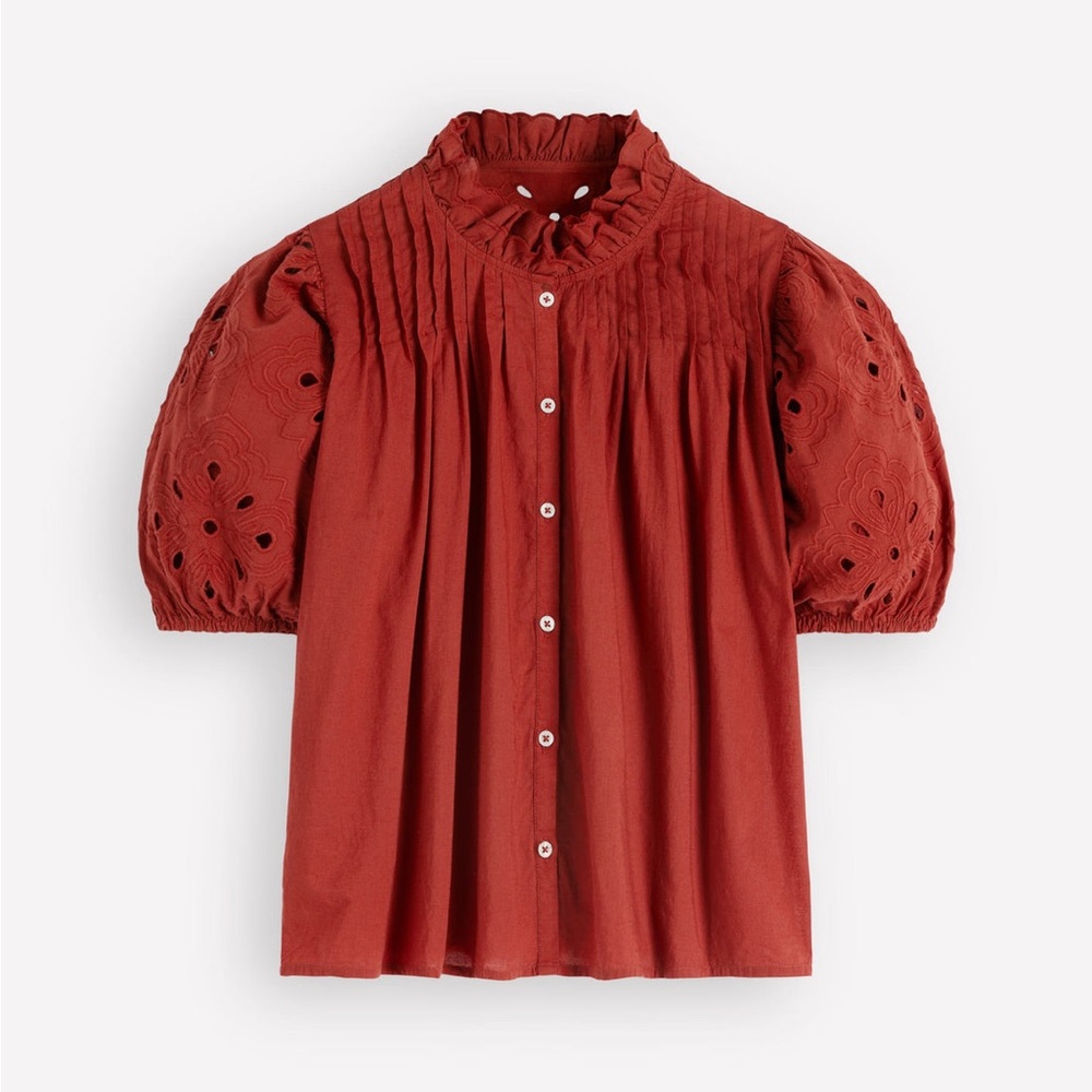 Boden Button-Front Eyelet Puff-Sleeve Blouse Cutwork Puff Sleeve Top-Russet - Picture 5 of 5
